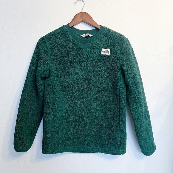 North Face Pullover Green Faux Sherpa Crewneck Fuzzy Youth L 14-16 - Picture 1 of 6